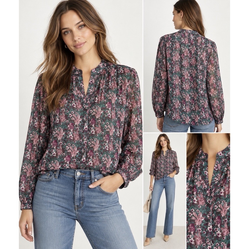 Melody Floral Blouse XL Green Pink Purple Long Sleeve Pleated Top Multicolor To